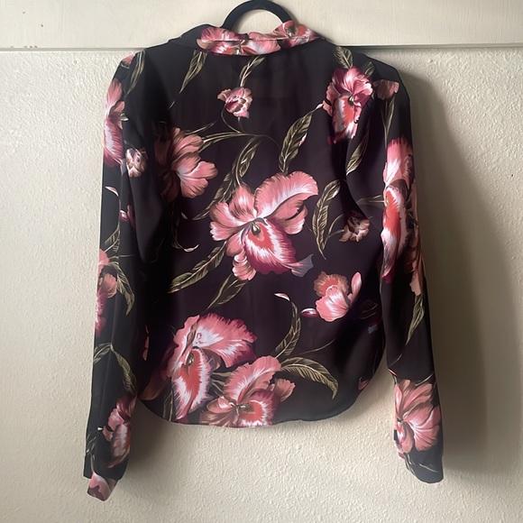 Vintage black & pink floral printed super sheer button down cropped blouse - Picture 4 of 5